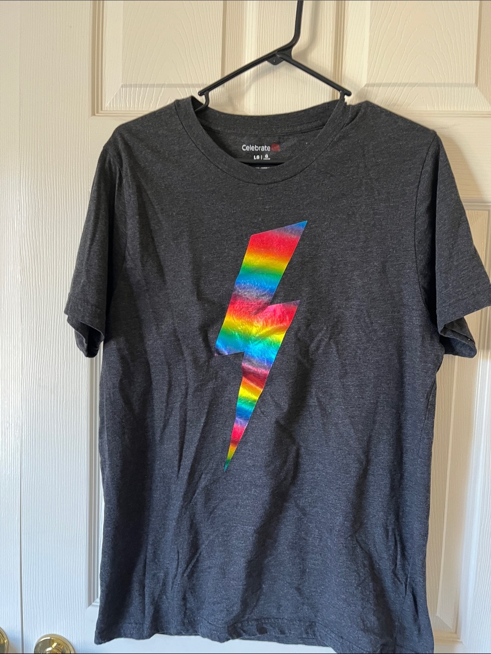 Celebrate It Charcoal Tee with Rainbow Lightning Bolt